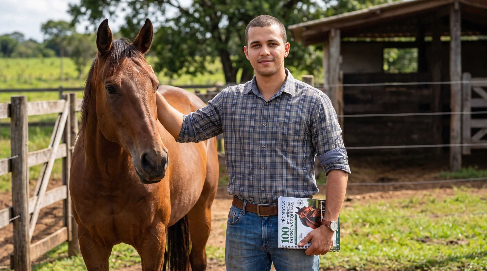 Veterinario mostrando el material +100 Técnicas para Identificar Enfermedades Equinas junto a un caballo